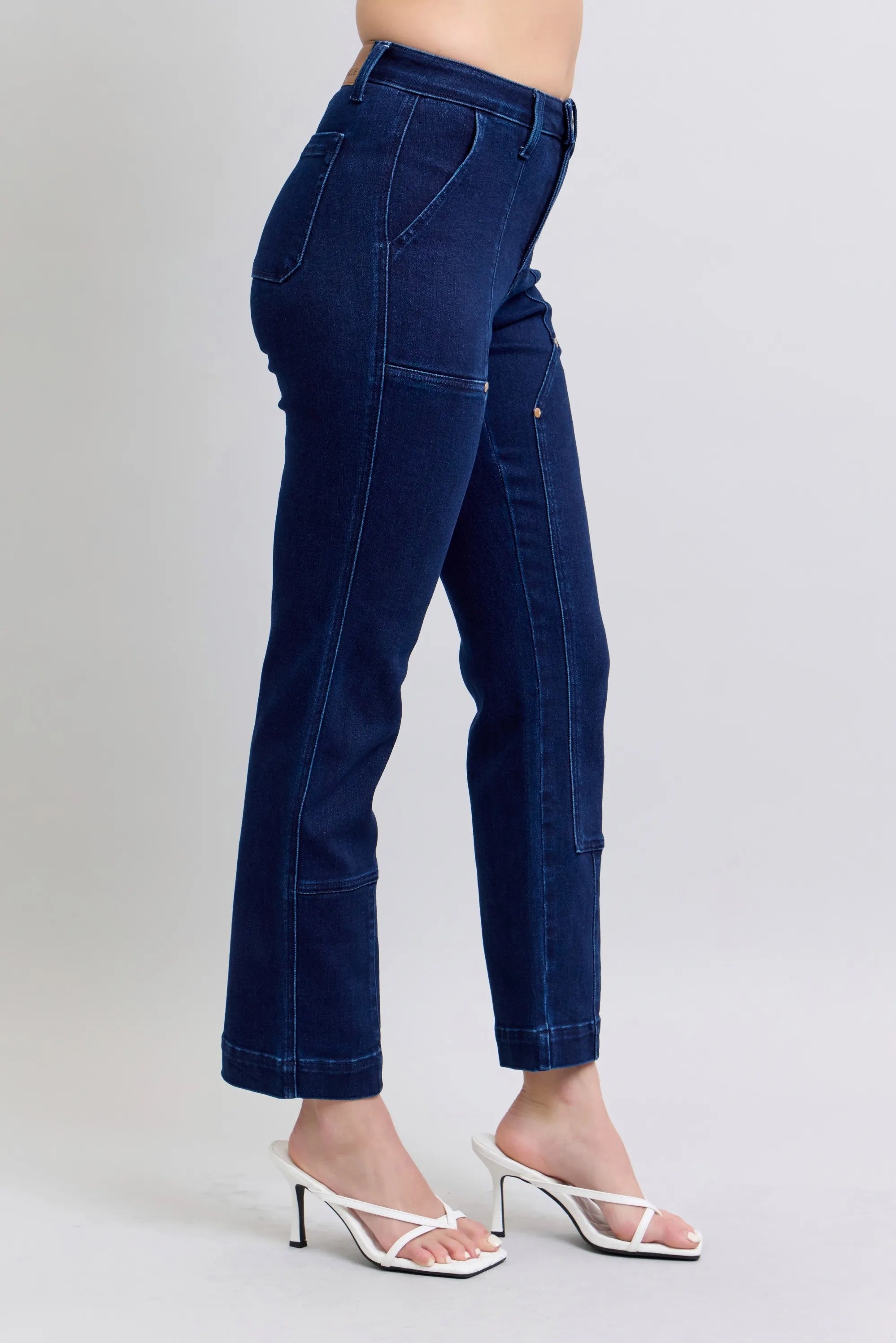 High Waist Work Wear Knee Patch Straight Jeans Plus Size in Dark for Women