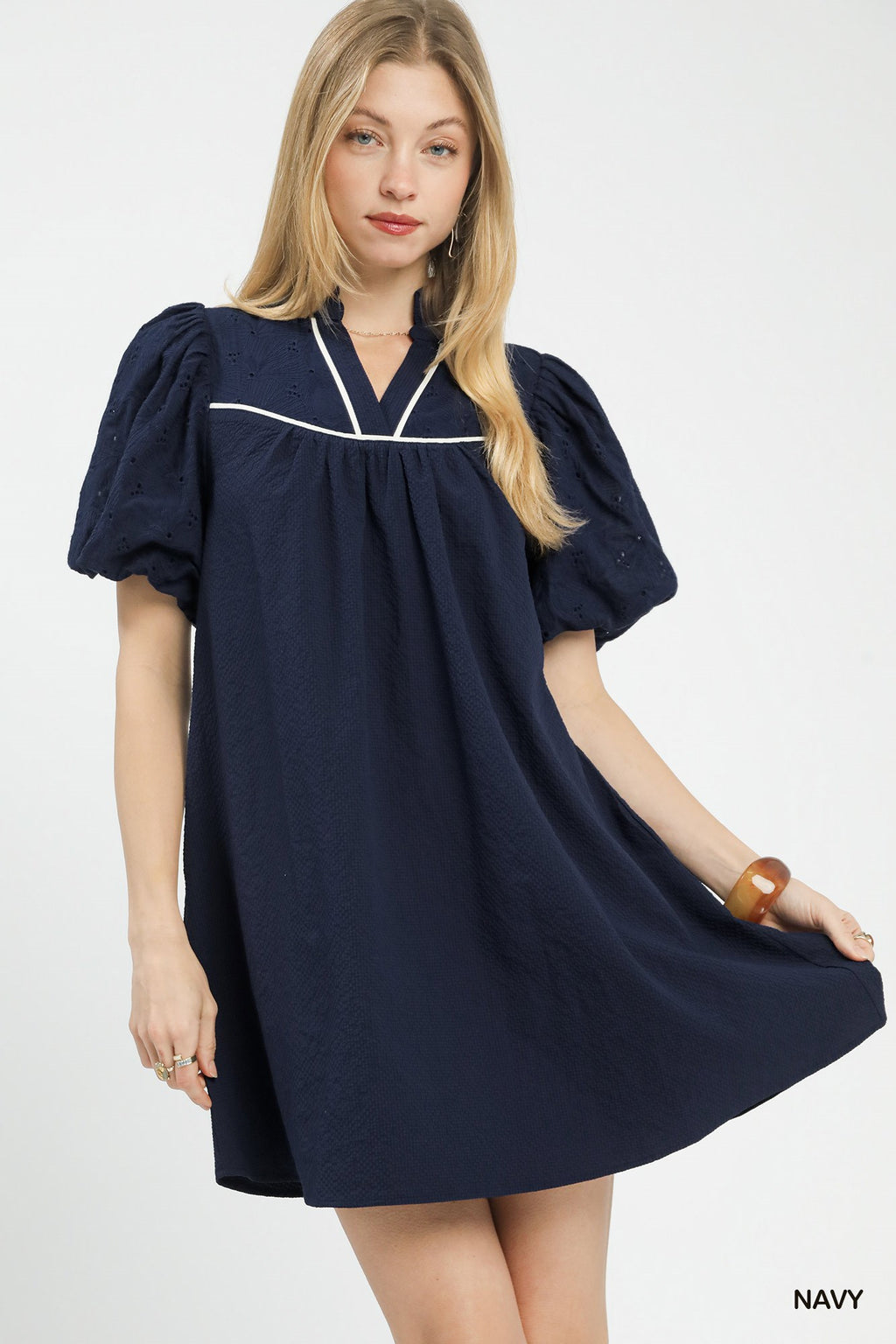 Puff Sleeve Textured Babydoll Dress in Navy for Women