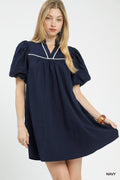 Puff Sleeve Textured Babydoll Dress in Navy for Women