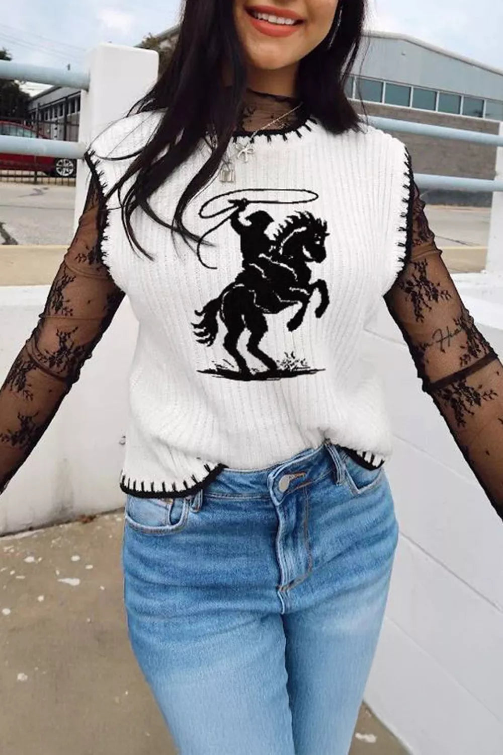 Contrast Trim Round Neck Rodeo Cowboy Sweater Vest in White for Women