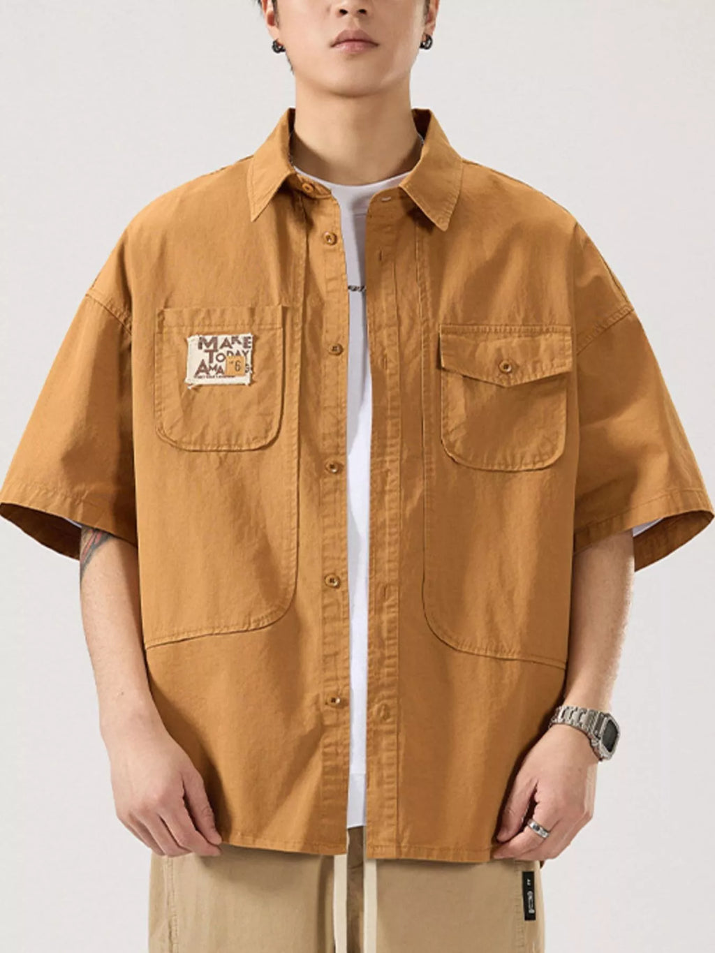 Button Up Short Sleeve Shirt Plus Size in Army Green for Men
