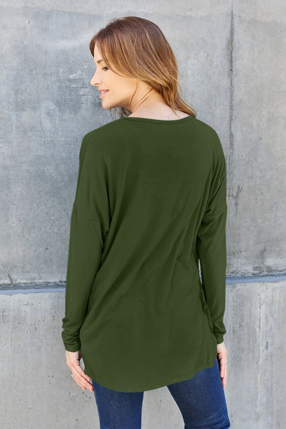 Plus Size Round Neck Dropped Shoulder T-Shirt in Army Green for Women