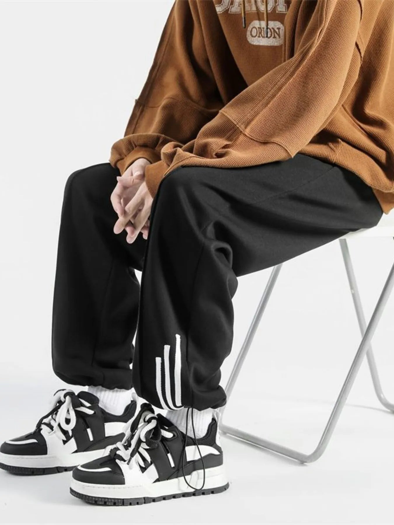 Plus Size Drawstring Wide Leg Sweatpants in Black for Men