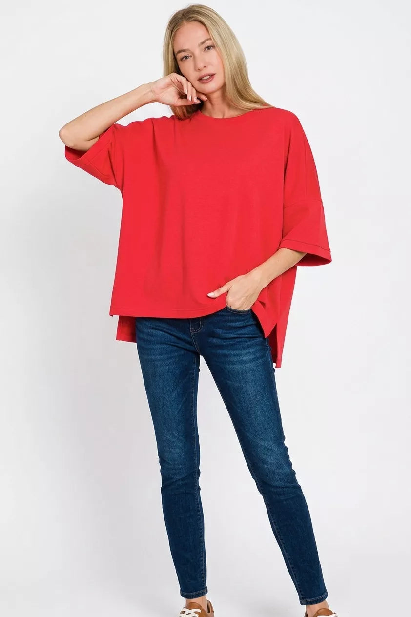 Scuba Round Neck Top with Side Slits in Ruby for Women