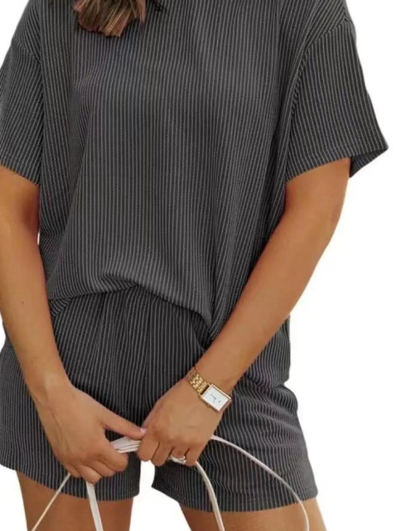 Ribbed Short Sleeve Top and Shorts Two-Piece Set Plus Size in Army Green for Women