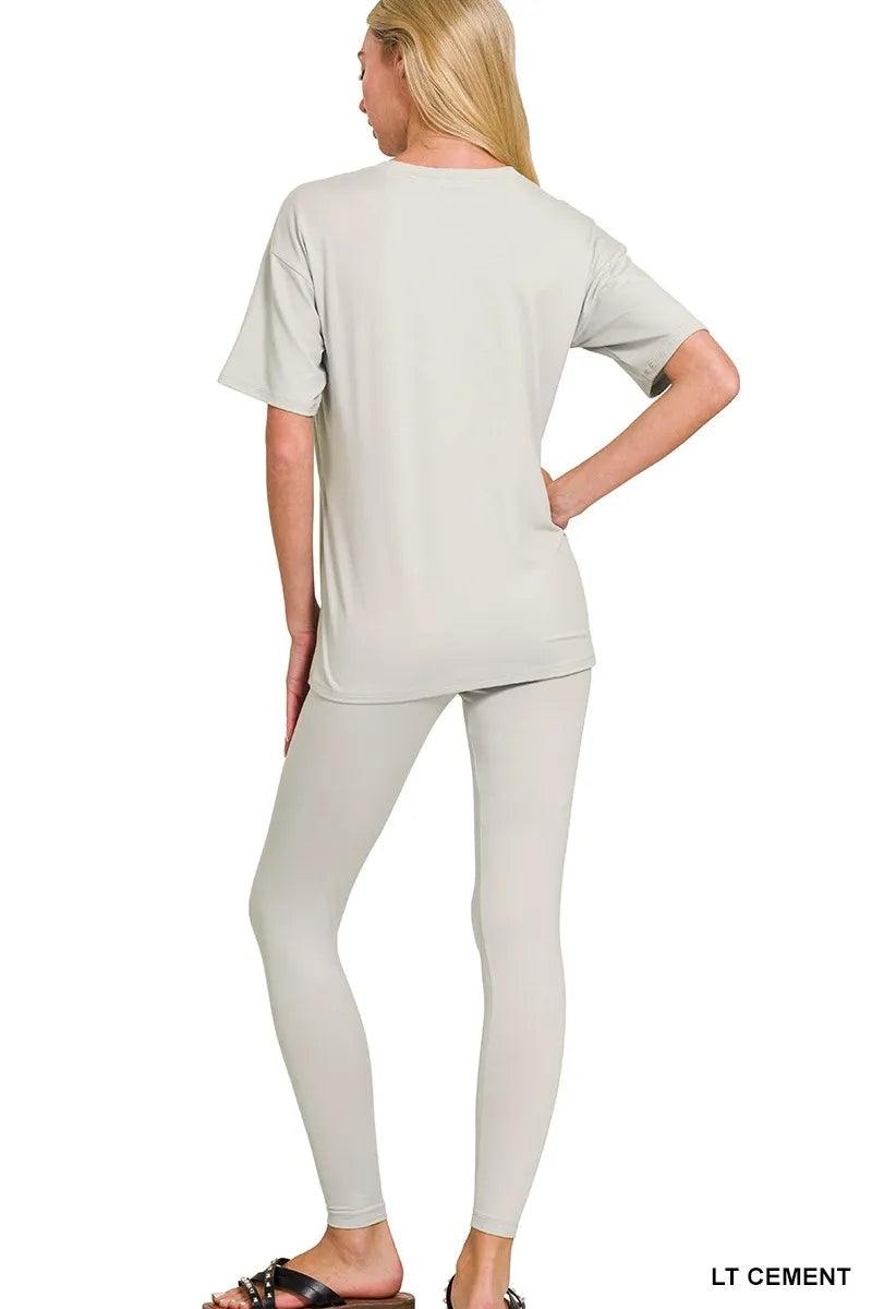 Brushed Dty Microfiber Short Sleeve Top and Pants Loungewear Set in Light Cement for Women