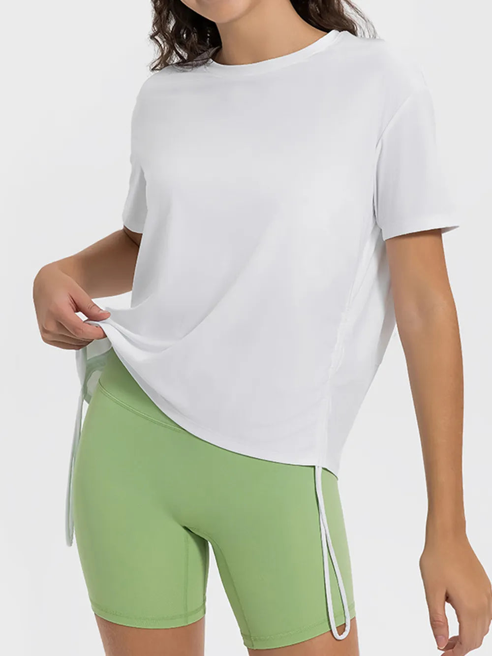 Drawstring Round Neck Short Sleeve Active T-Shirt in White for Women