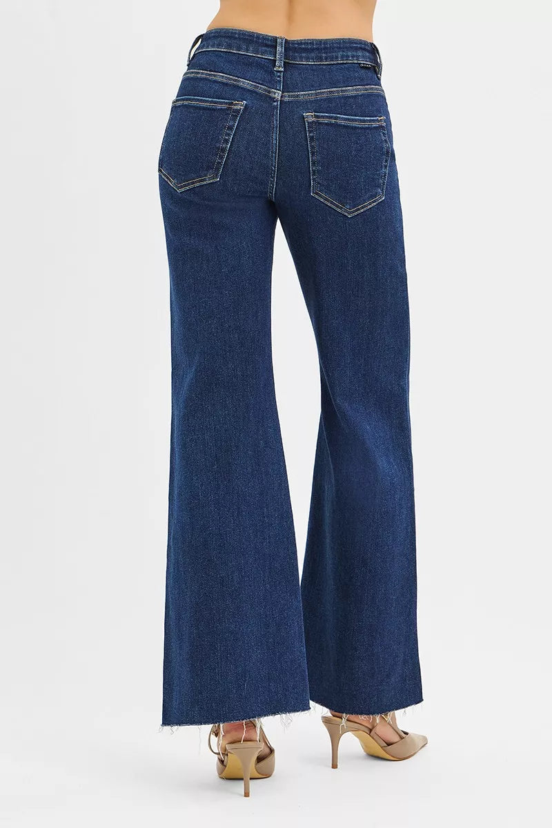 High Rise Wide Flare Jeans with Front Leather Pocket Detail in Dark for Women