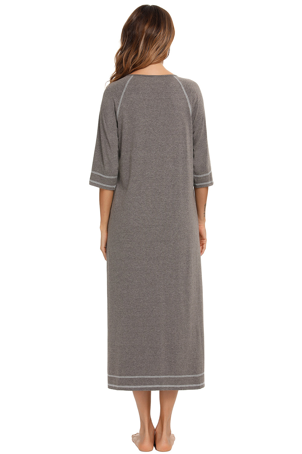 Zip Up Slit Round Neck Night Dress with Pockets in Burnt Umber for Women