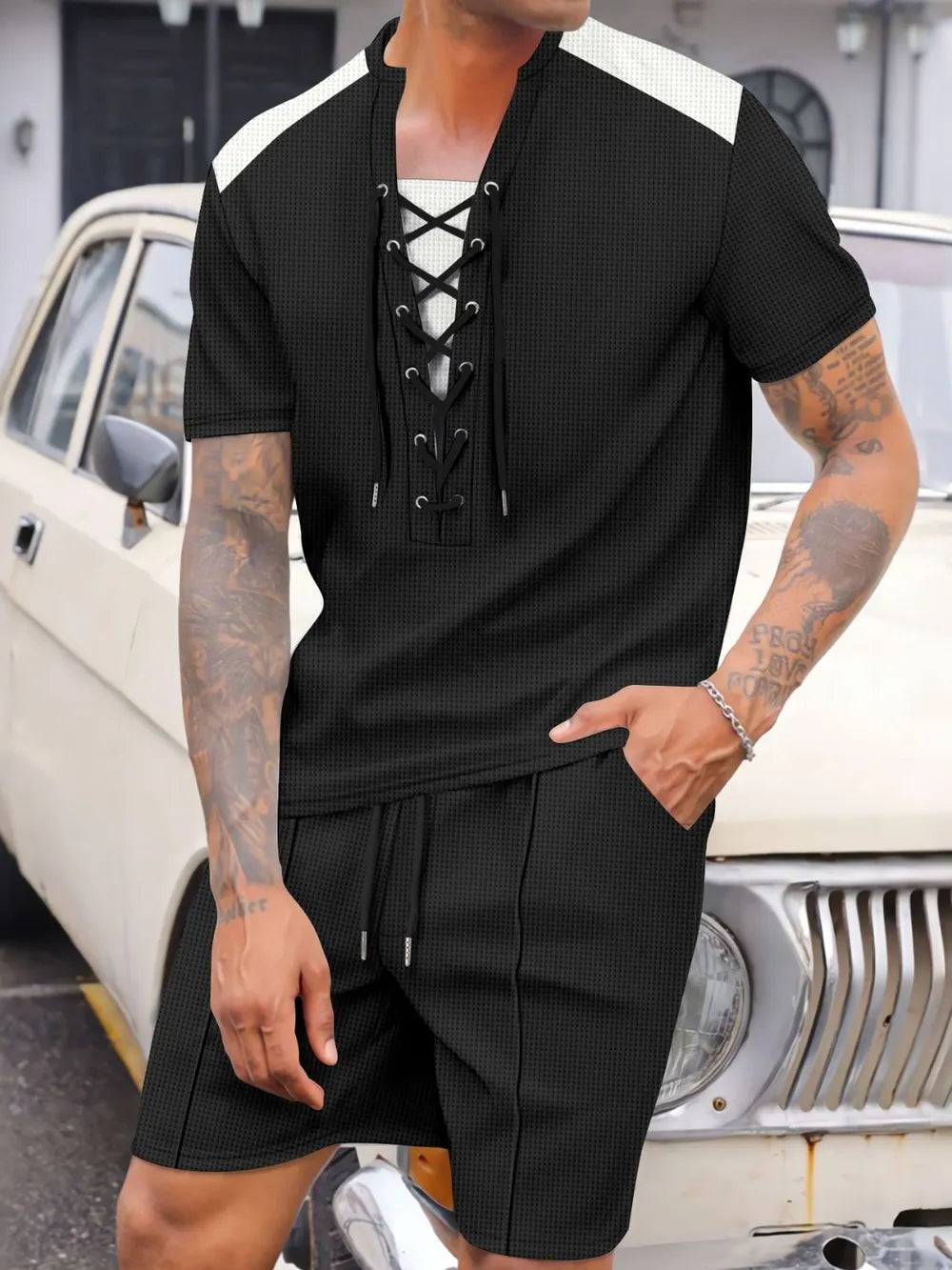 Lace-Up Waffle Knit Top and Shorts Set Plus Size in Black for Men