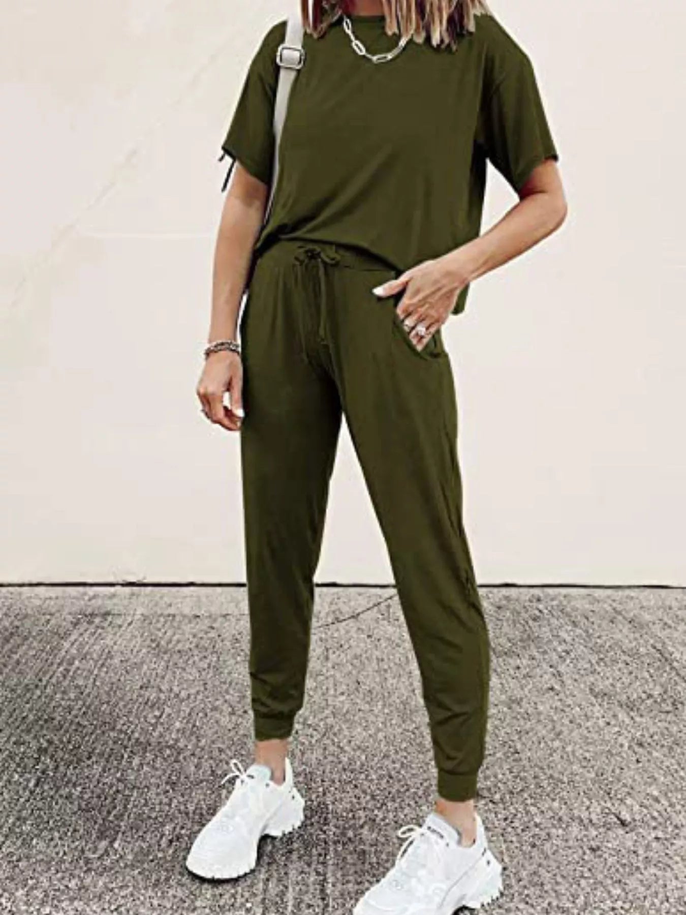 Round Neck Top and Drawstring Pants Set Plus Size in Black for Women