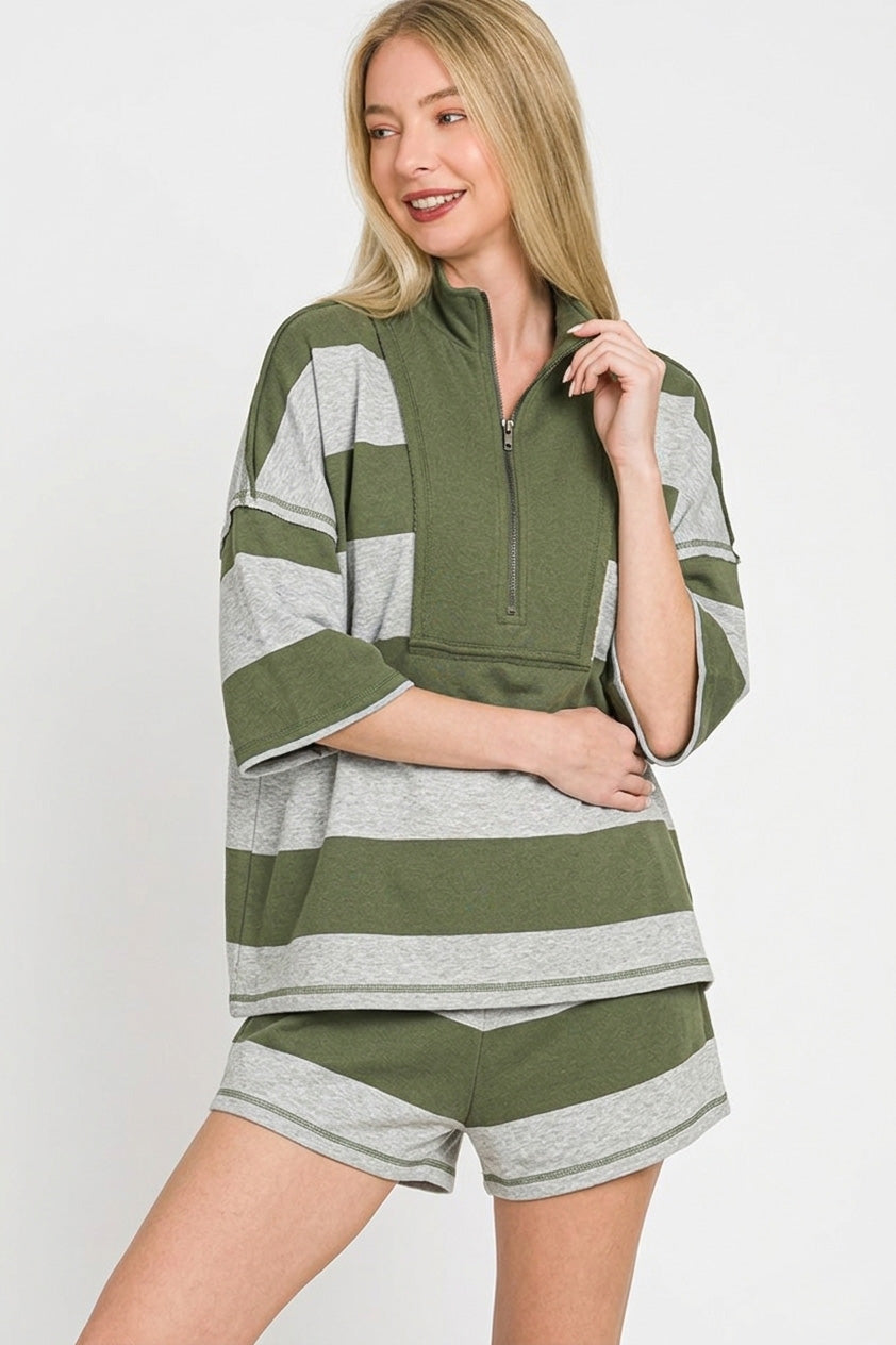 Frenchterry Striped Half Zip Top & Shorts Set in Dark Olive for Women