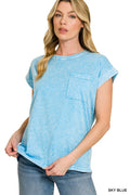 Halo Snow Washed Cuffed Short Sleeve Tee in Sky Blue for Women