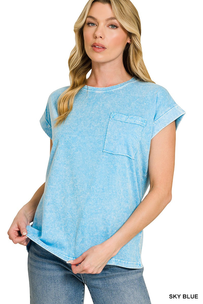 Halo Snow Washed Cuffed Short Sleeve Tee in Sky Blue for Women