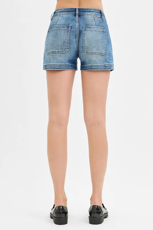 Low Rise Patched Pocket Shorts in Medium for Women