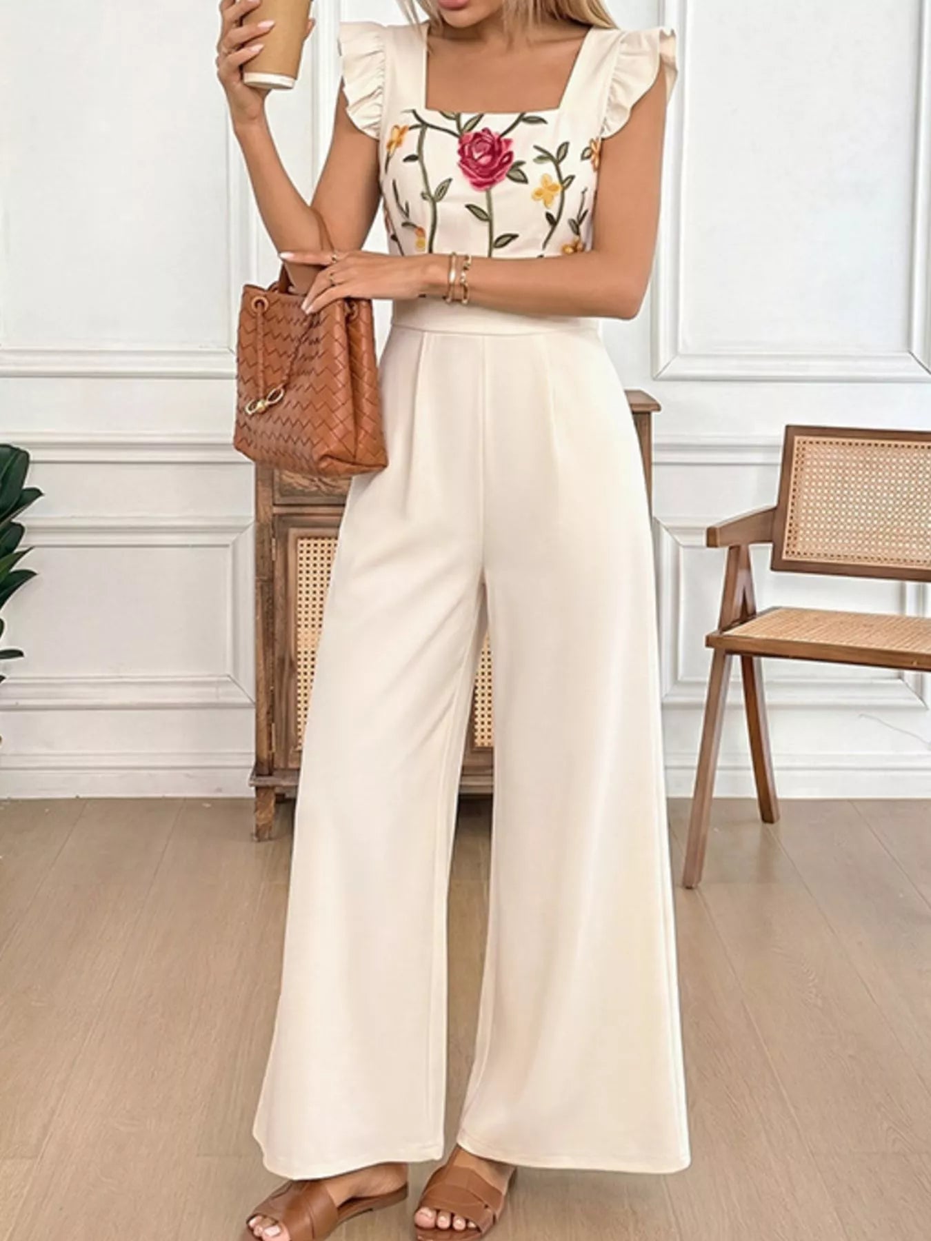 Floral Embroidered Ruffle Trim Jumpsuit for Women