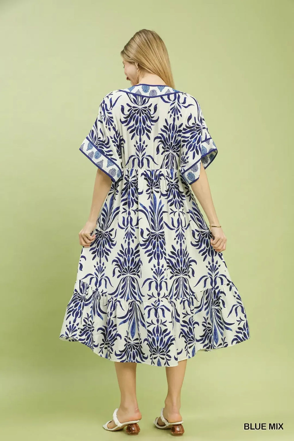 Mix Floral Border Midi Dress with Pockets in Blue Mix for Women