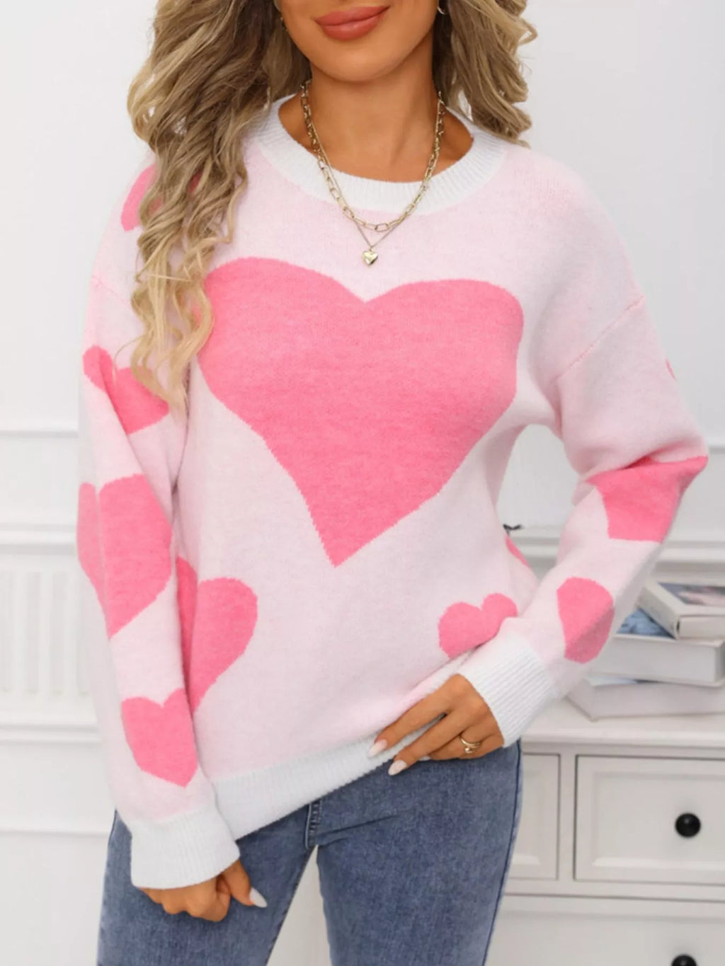 Valentines Day Heart Crew Neck Sweater in Classic in White for Women