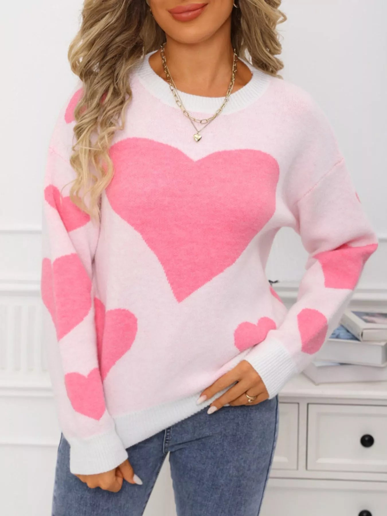 Valentines Day Heart Crew Neck Sweater in Classic in White for Women