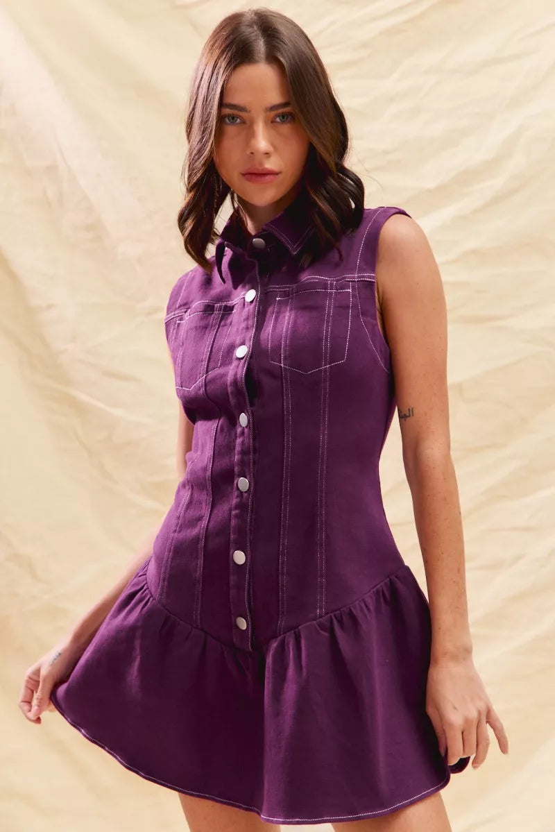 Button Down Sleeveless Collared Game Day Mini Dress in Purple for Women