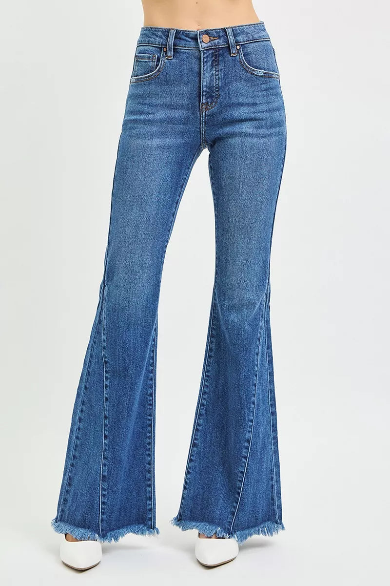Mid Rise Flare Side Seam Detailing Jeans in Dark for Women