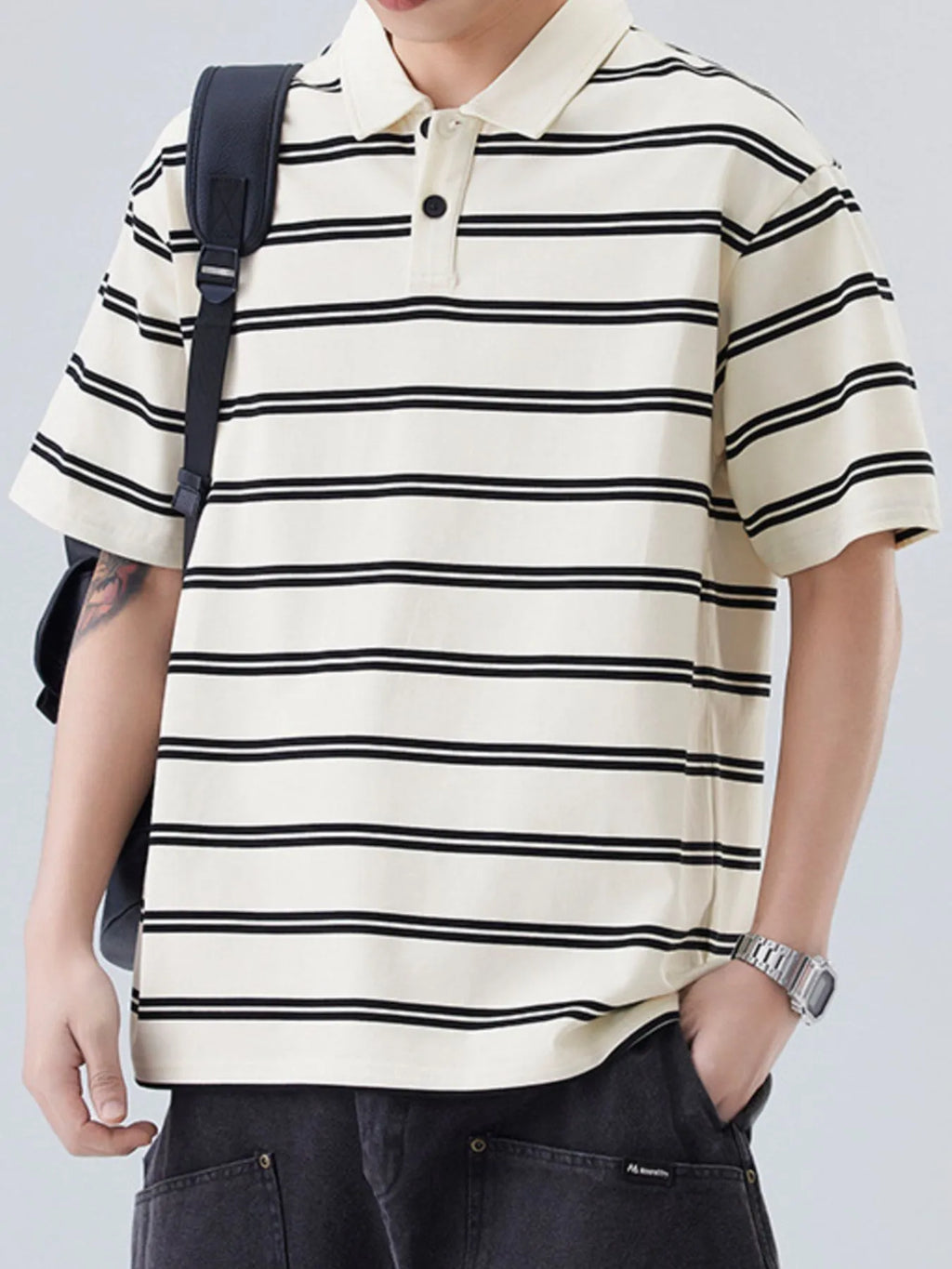 Plus Size Striped Half Sleeve Polo in Black for Men