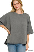 Scuba Round Neck Top with Side Slits Plus Size in Charcoal for Women