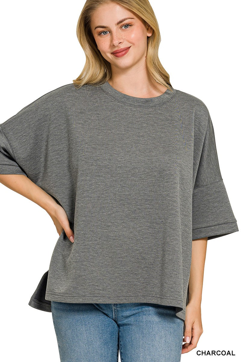 Scuba Round Neck Top with Side Slits Plus Size in Charcoal for Women