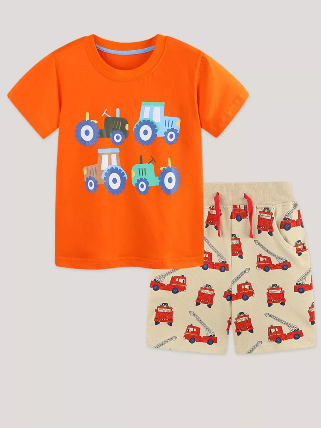 Tractor & Firetruck Print Casual Tee and Shorts Set in Orange for Boys