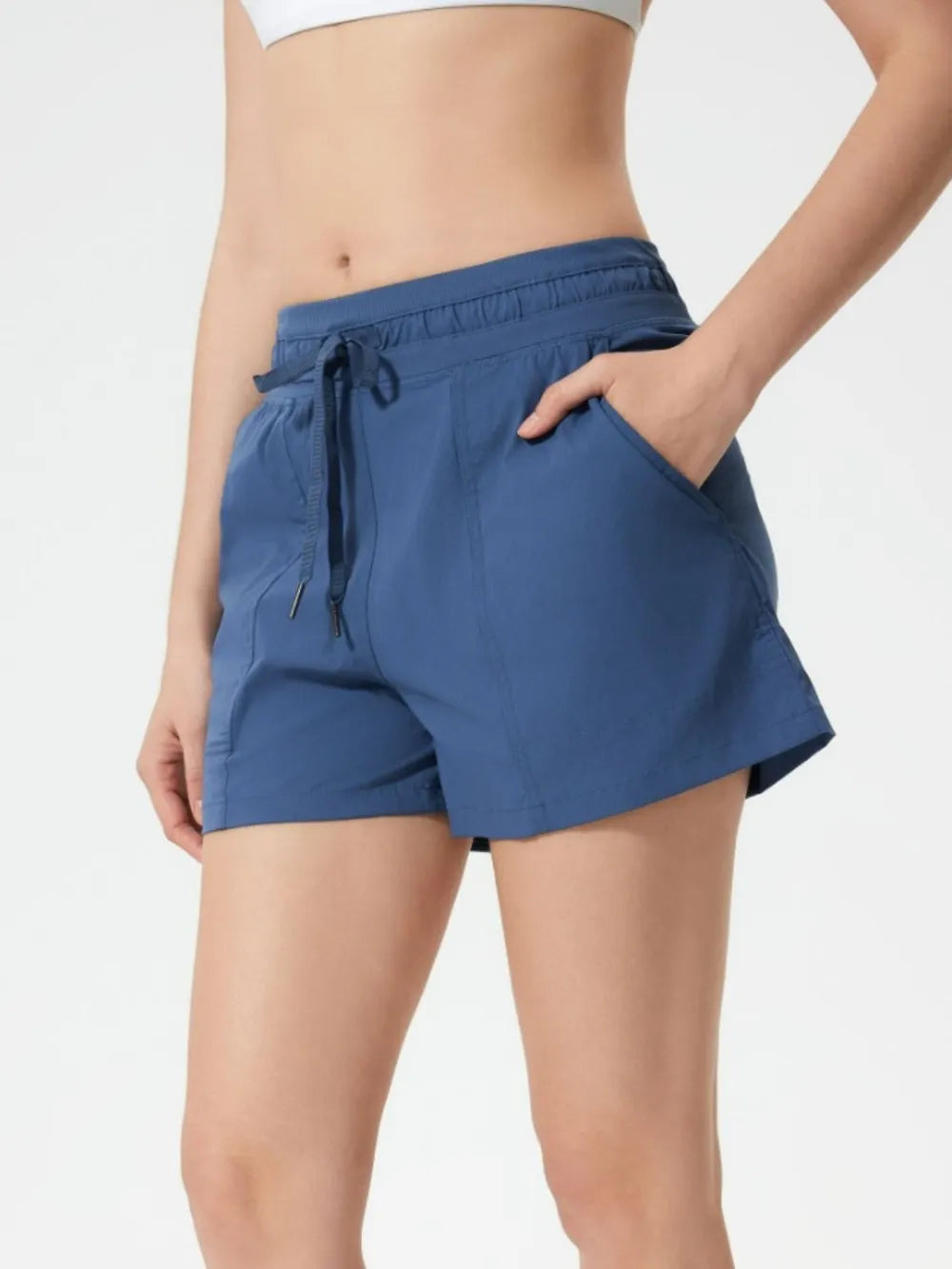 Drawstring Active Shorts with Pockets in Dusty Blue for Women