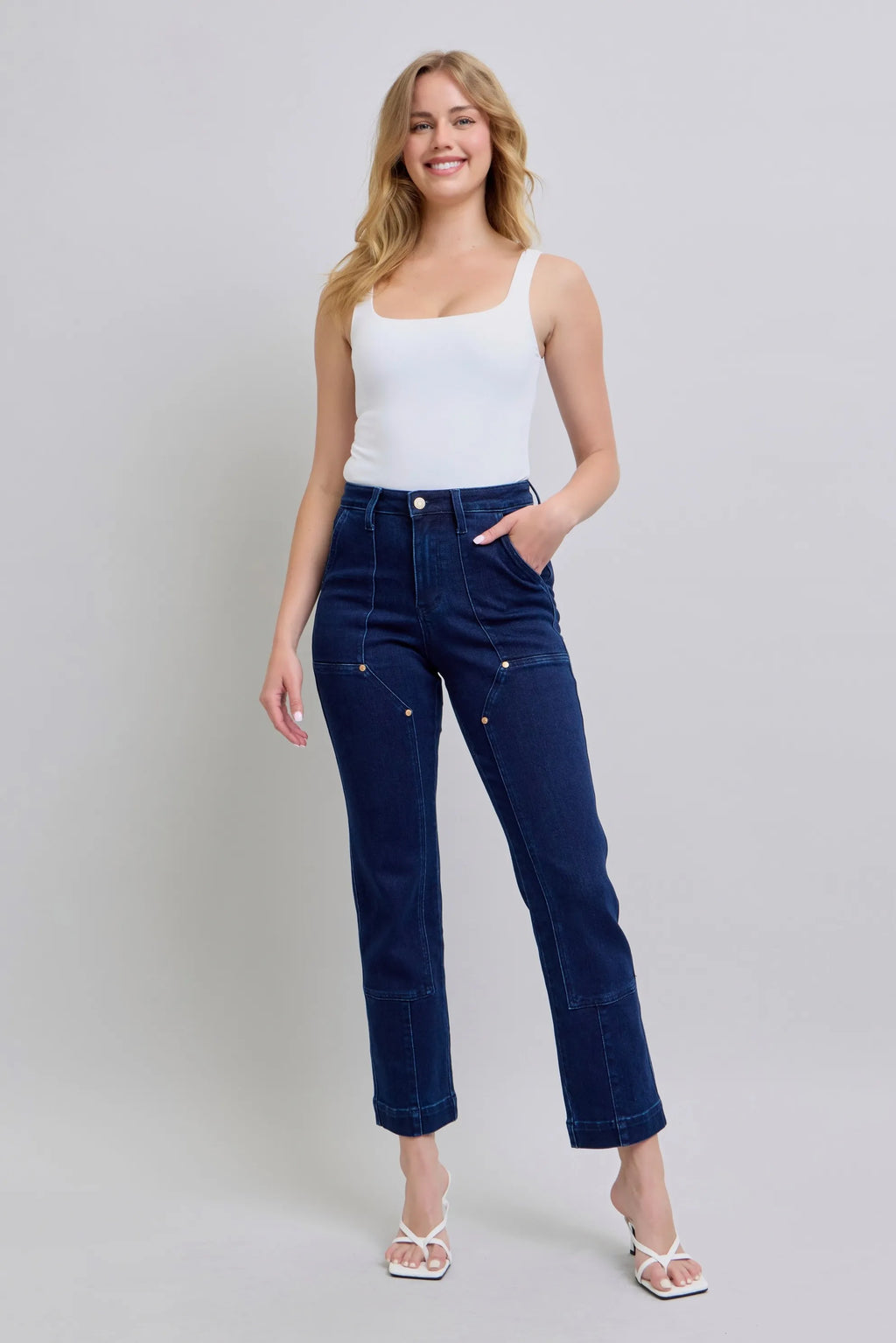 High Waist Work Wear Knee Patch Straight Jeans Plus Size in Dark for Women