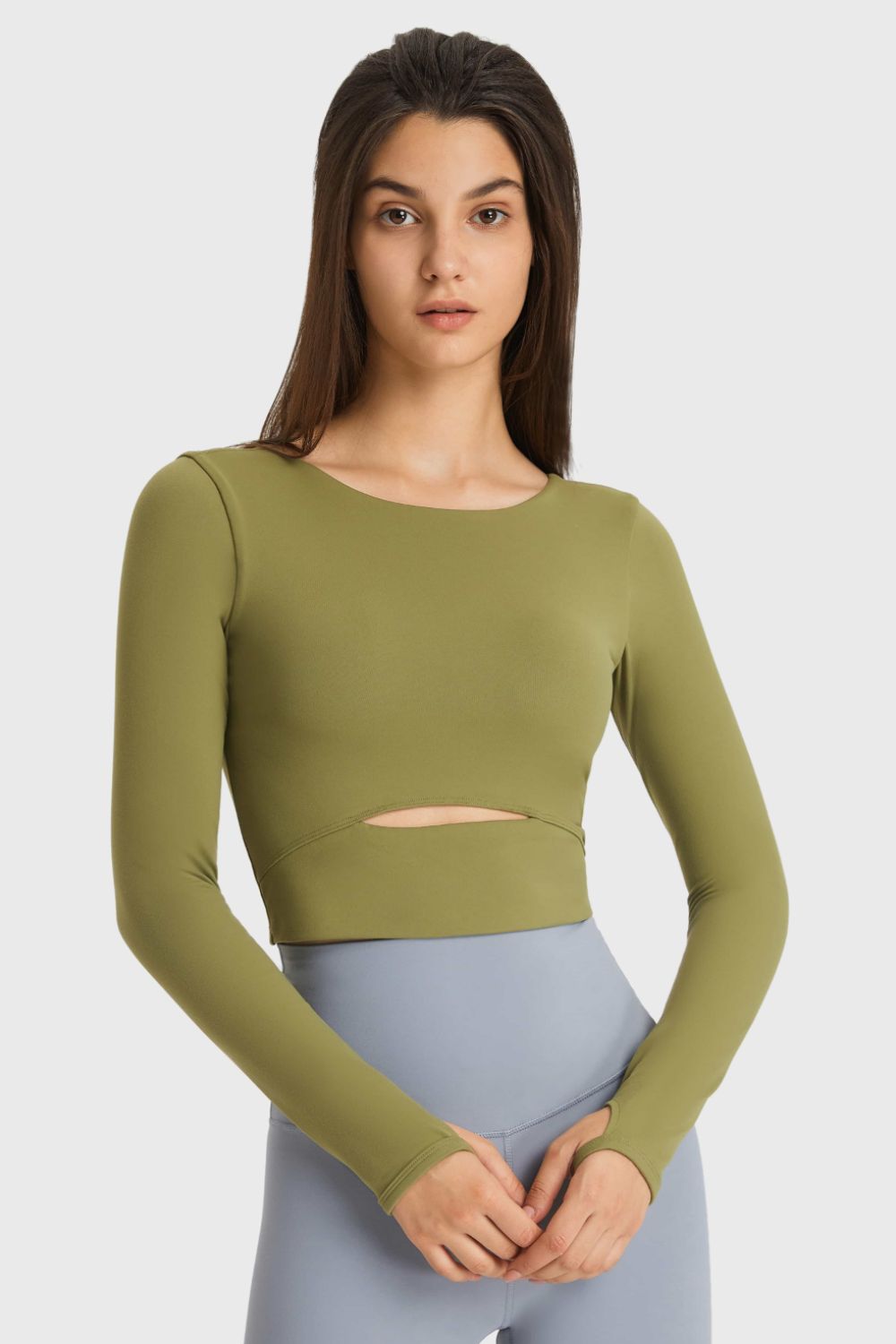 Cutout Long Sleeve Cropped Sports Top in Sky Blue for Women