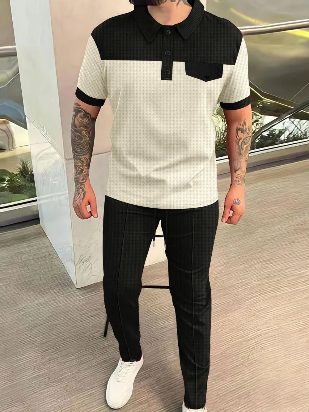 Waffle-Knit Contrast Top and Pants Set Plus Size in Burgundy for Men