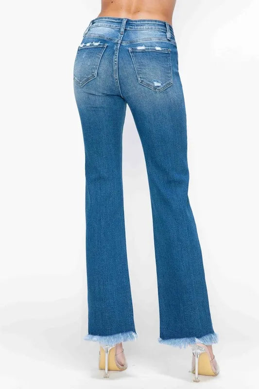 Plus Size Raw Hem Distressed Mid Rise Straight Jeans in Medium for Women