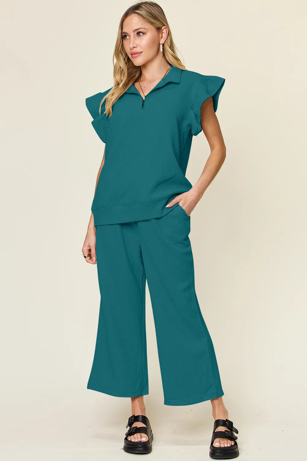 Texture Ruffle Short Sleeve Top and Drawstring Wide Leg Pants Set in Royal Blue for Women