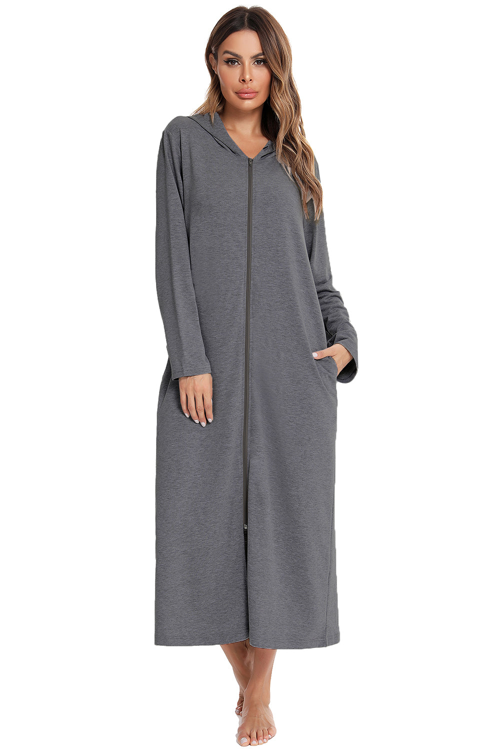 Zip Front Hooded Night Dress with Pockets in Light Gray in Black for Women