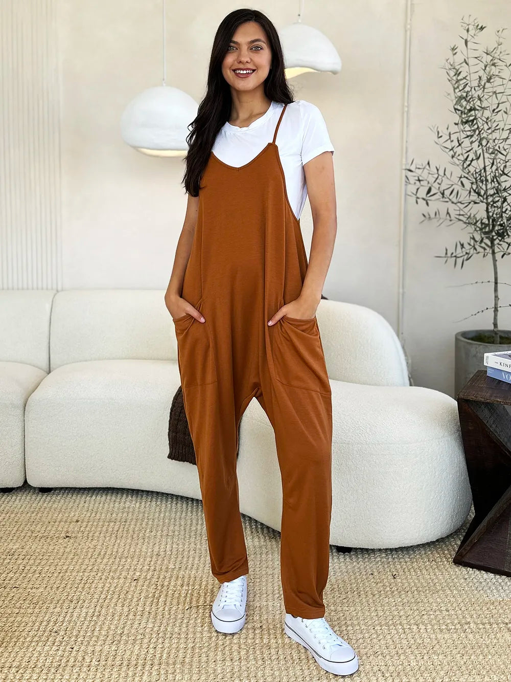 Plus Size Sleeveless V-Neck Pocketed Jumpsuit in Caramel for Women