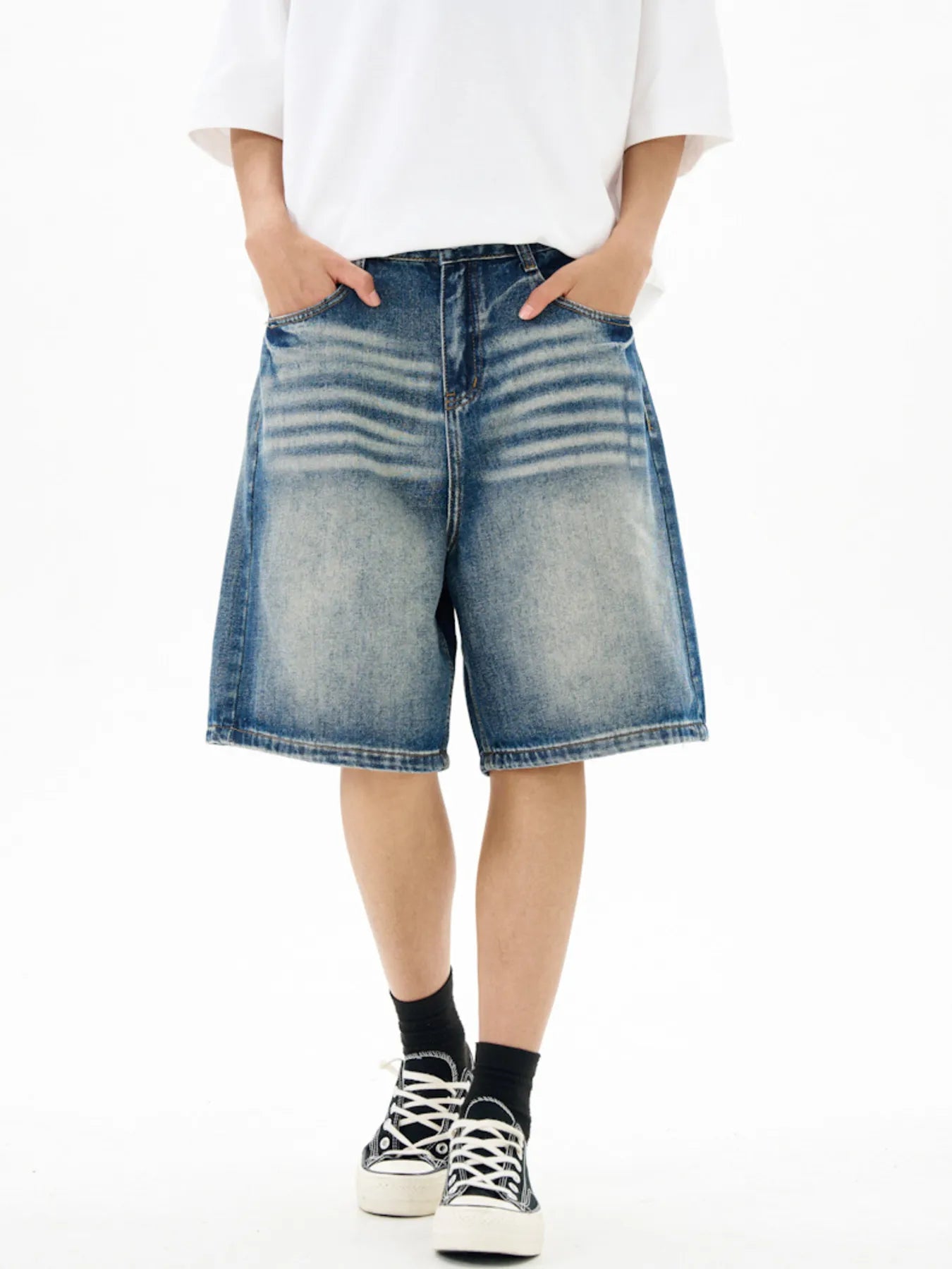 Washed Loose Fit Denim Shorts in Light Blue for Men