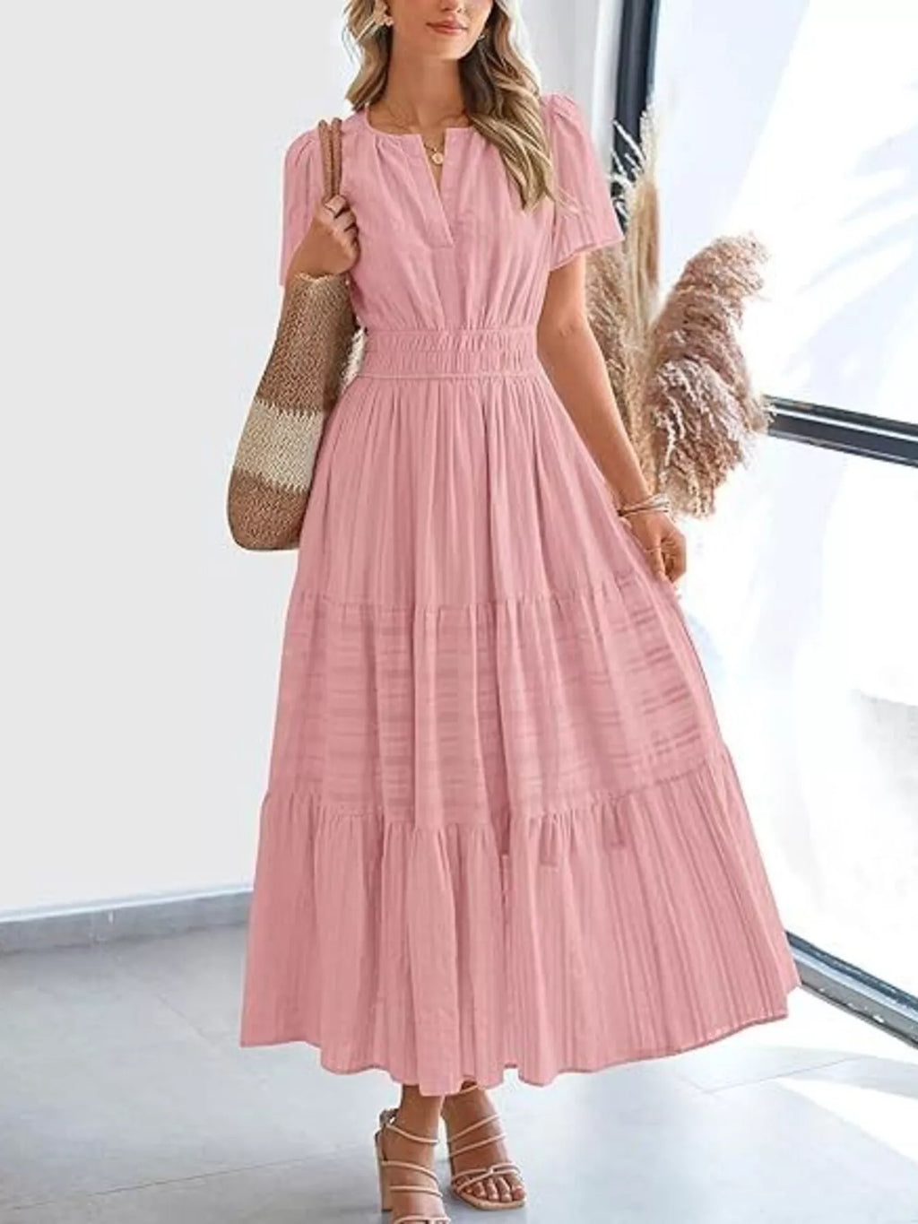 Plus Size Short Sleeve Tiered Midi Dress in White for Women