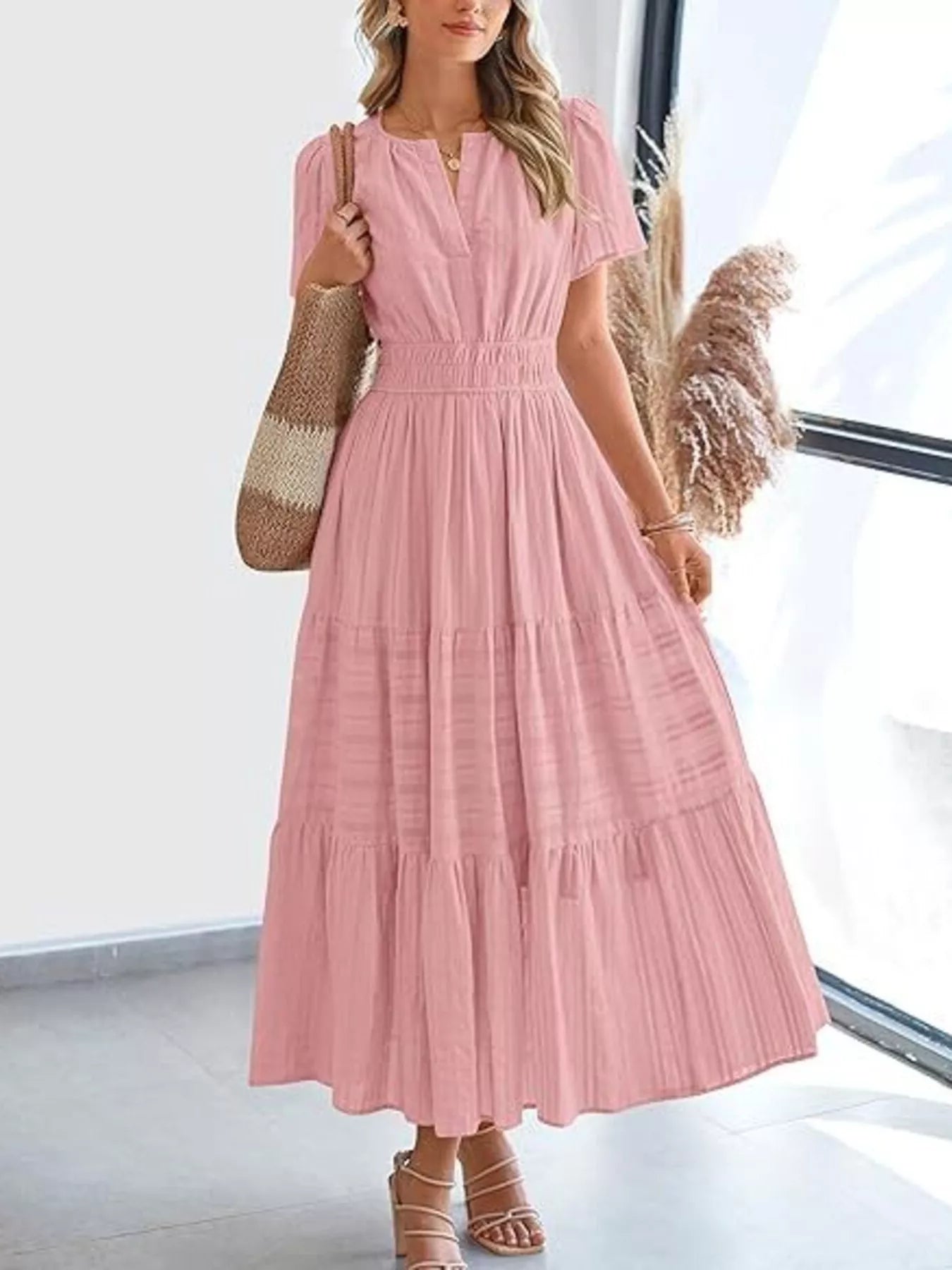 Plus Size Short Sleeve Tiered Midi Dress in White for Women
