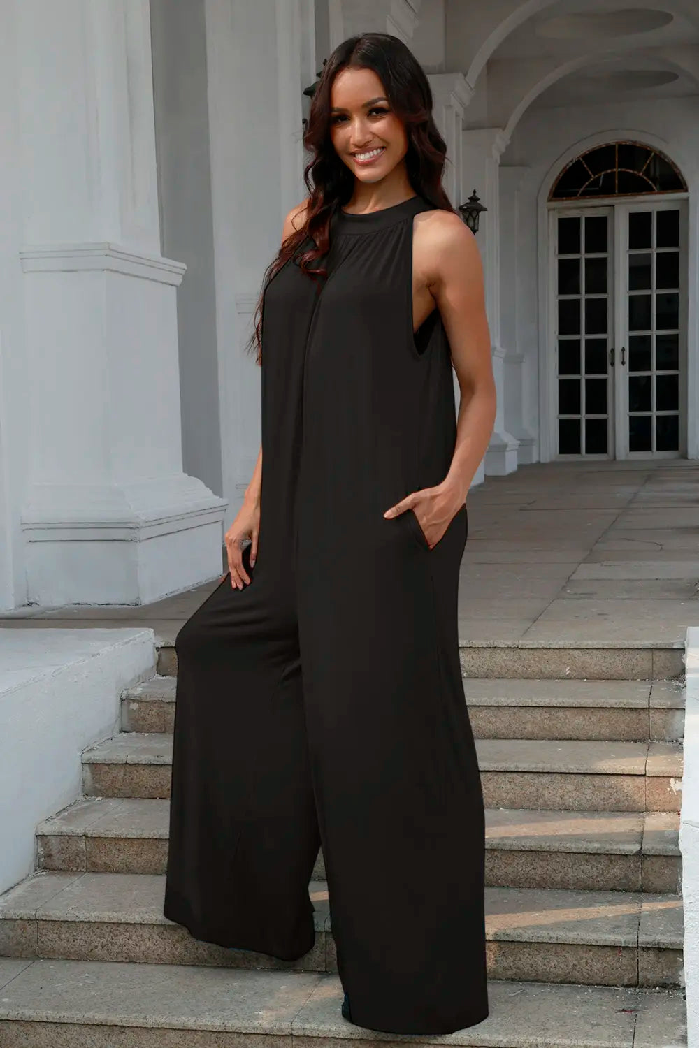 Plus Size Tie Back Cutout Sleeveless Jumpsuit in Black for Women