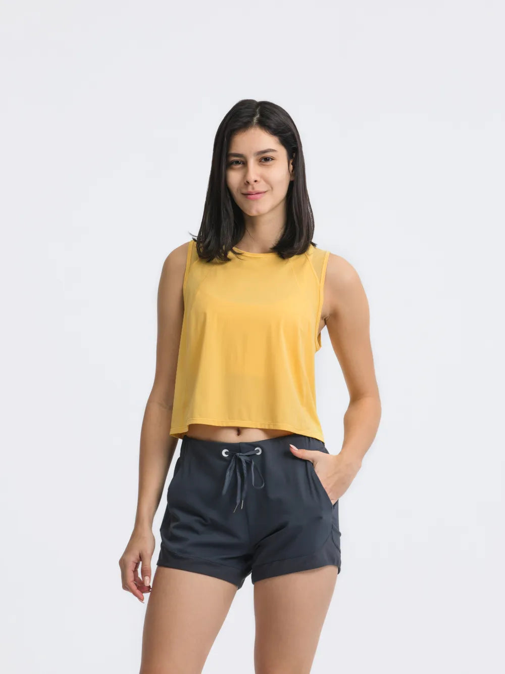 Round Neck Cropped Active Tank in Gold for Women