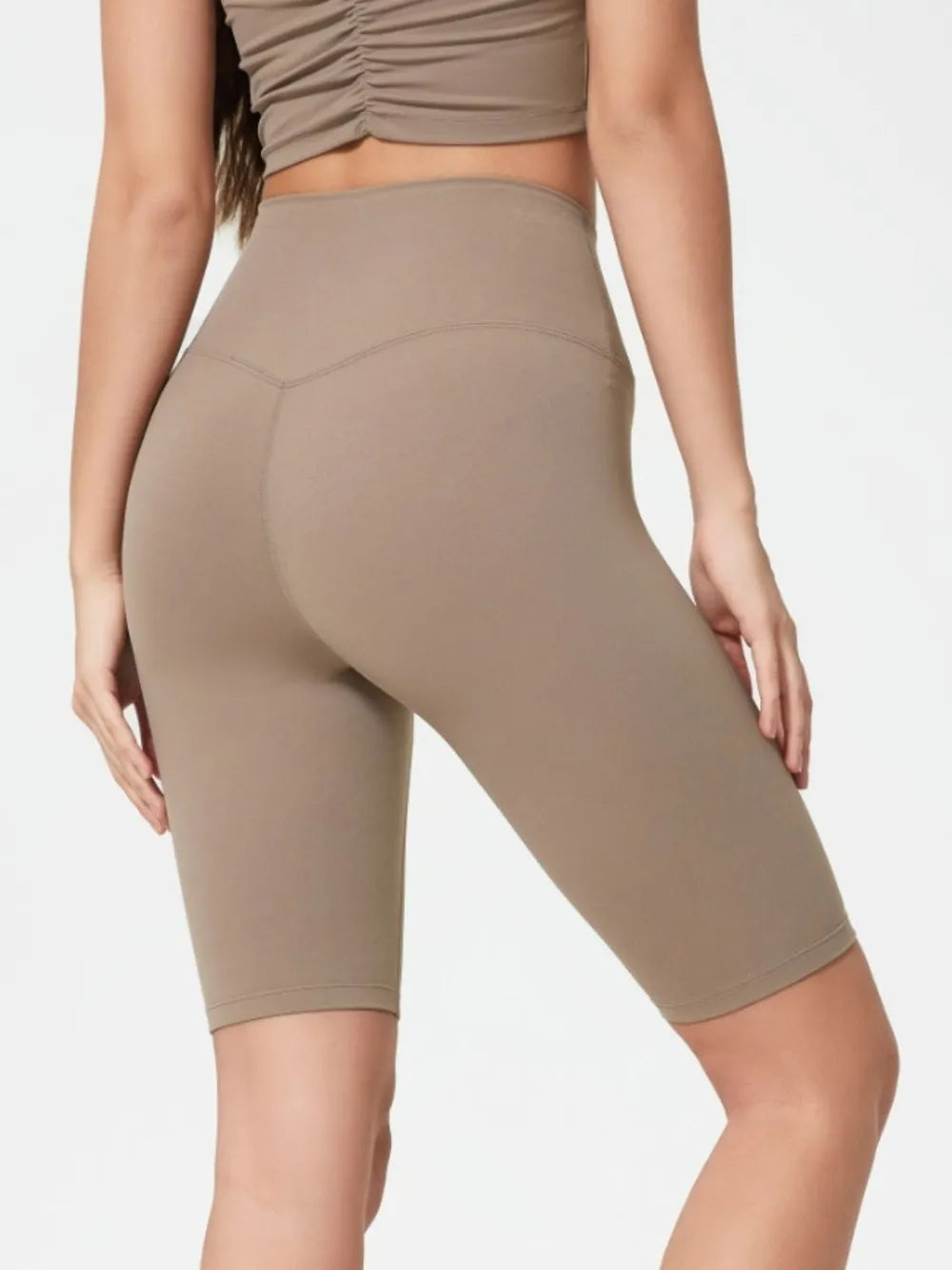 High Rise Wide Waistband Active Shorts in Dark Brown in Dusty Blue for Women