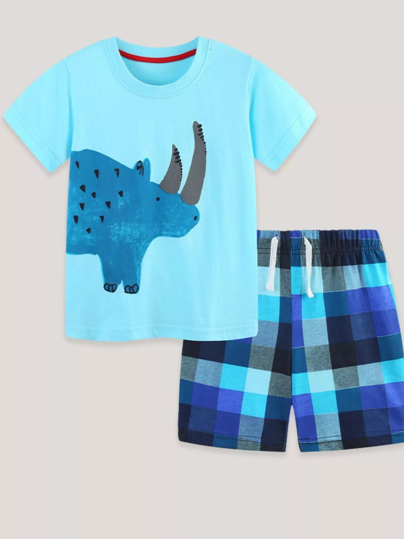 Rhino Graphic Tee & Plaid Shorts Set in Pastel Blue for Boys