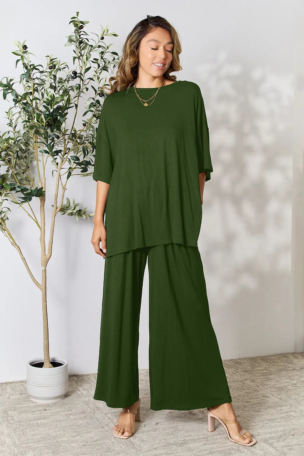 Plus Size Round Neck Slit Top and Pants Set in Dark Gray for Women