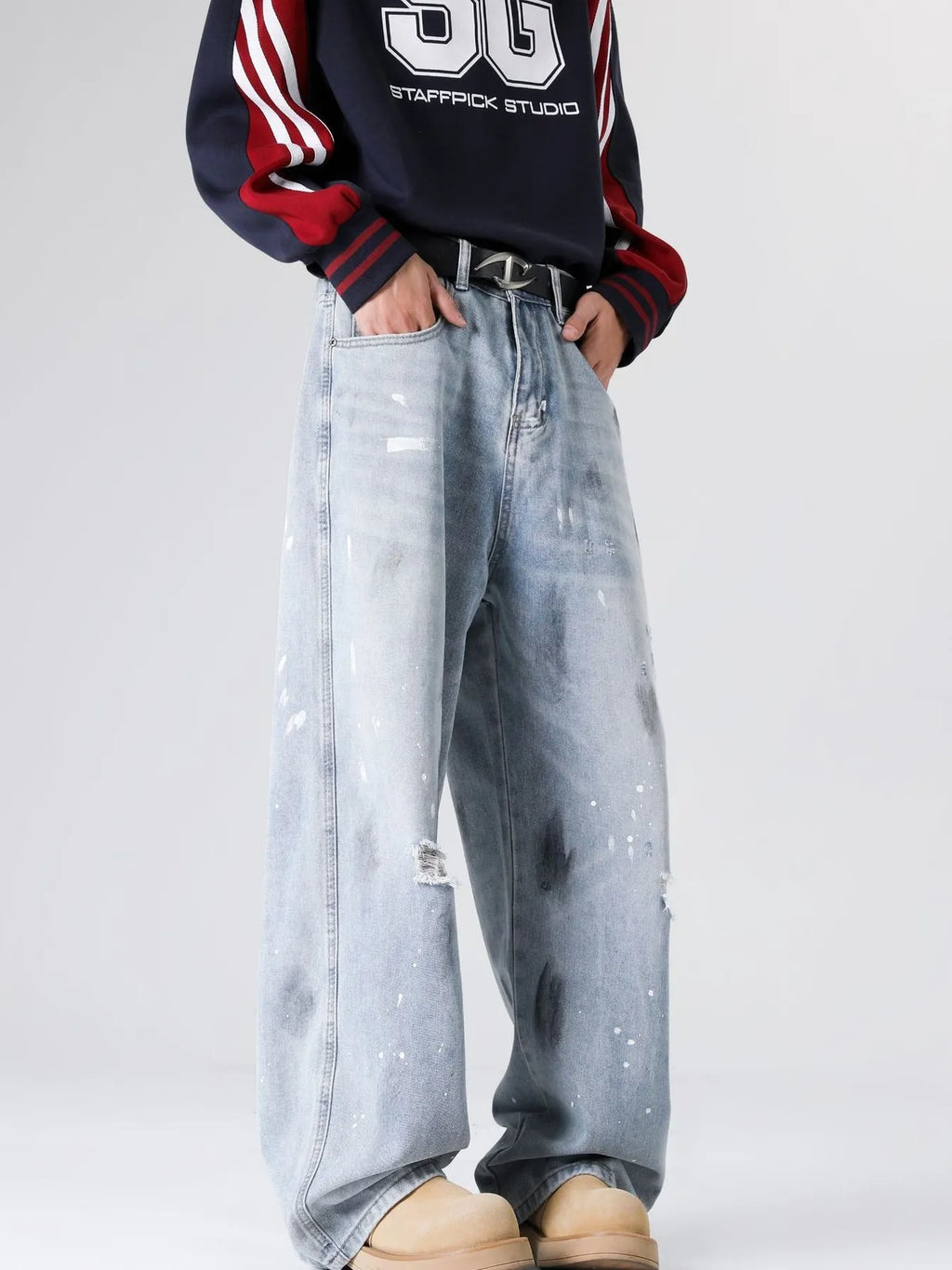 Distressed Wide Leg Jeans Plus Size in Classic in Light Blue for Men