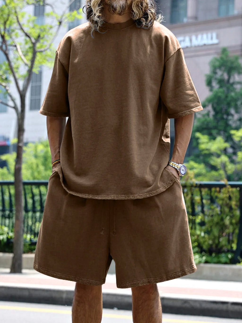 Round Neck Short Sleeve Top and Shorts Set Plus Size in Sky Blue in Black for Men