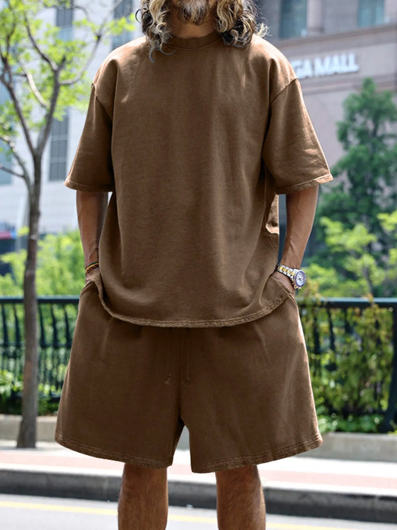 Round Neck Short Sleeve Top and Shorts Set Plus Size in Sky Blue in Black for Men