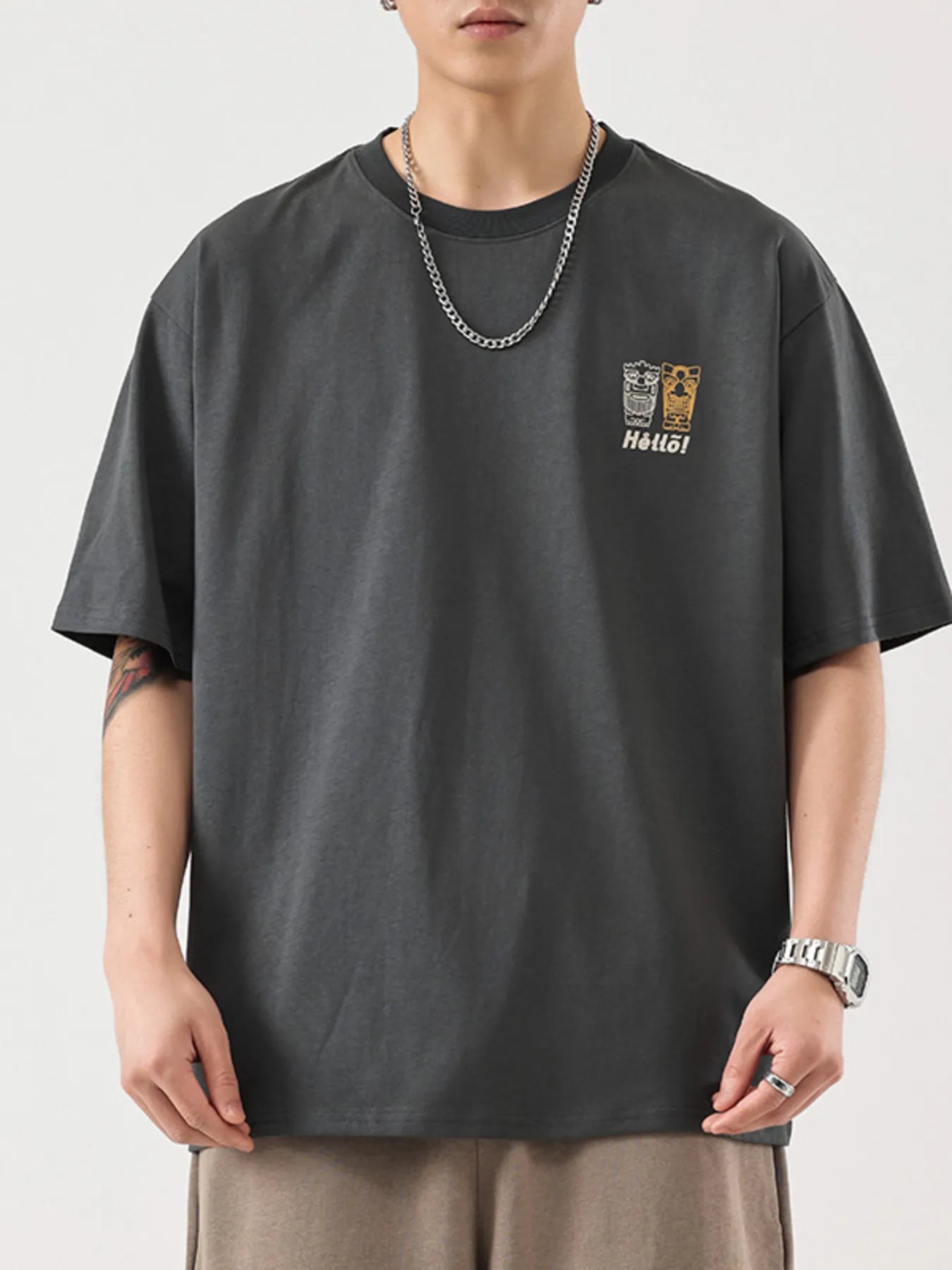 Plus Size Graphic Round Neck Half Sleeve T-Shirt in Dark Gray for Men