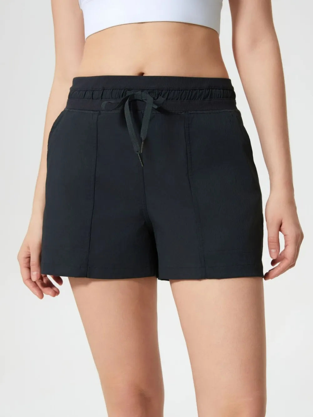 Drawstring Active Shorts with Pockets in Black for Women